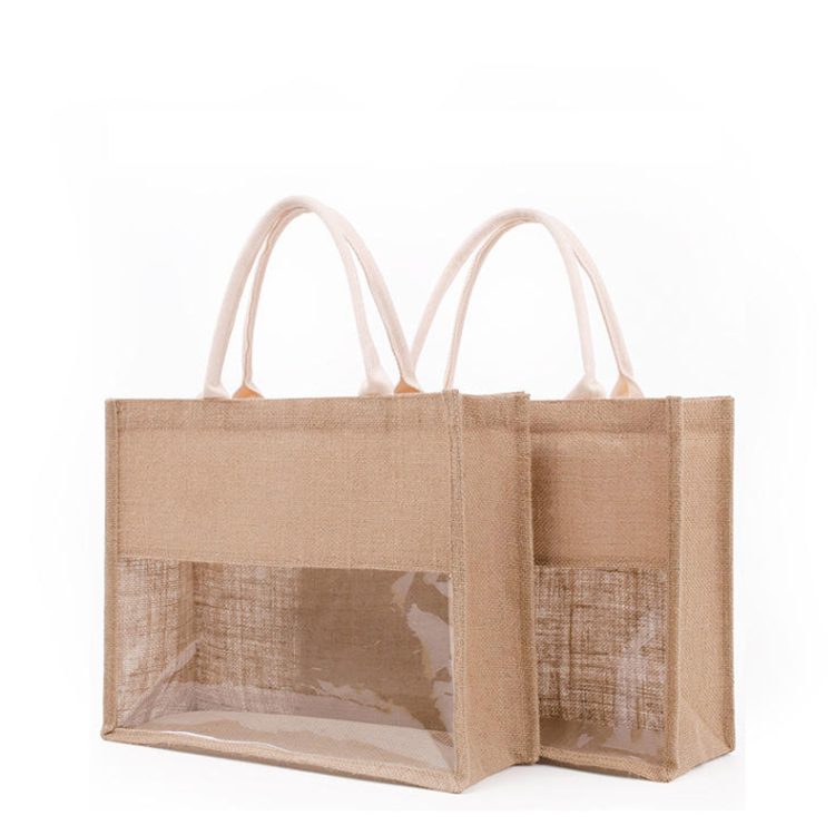 Eco Friendly Durable Natural Linen Bag With Clear PVC Window Shopping Jute Tote Burlap Bags - Image 4