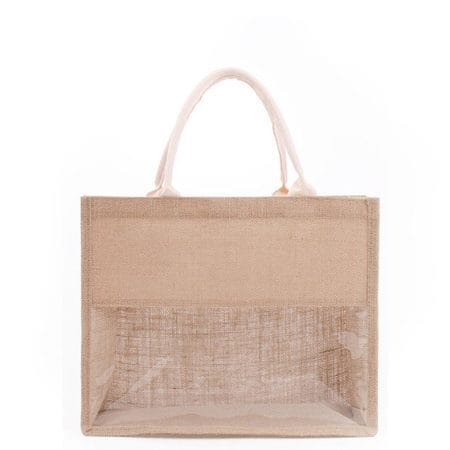 Eco Friendly Durable Natural Linen Bag With Clear PVC Window Shopping Jute Tote Burlap Bags