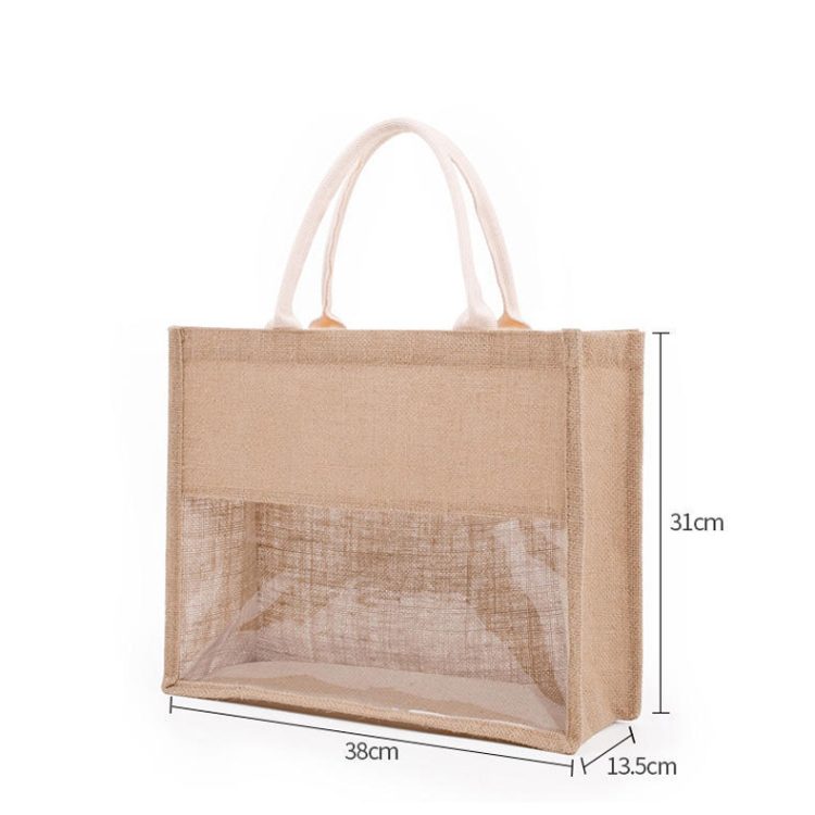 Eco Friendly Durable Natural Linen Bag With Clear PVC Window Shopping Jute Tote Burlap Bags - Image 5
