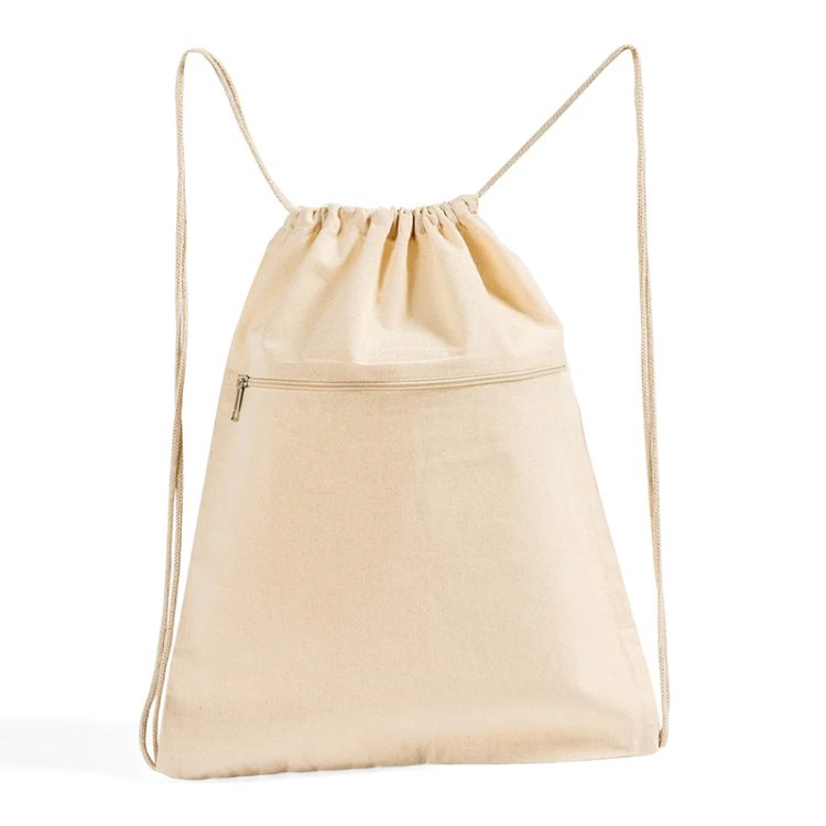Large Cotton Drawstring Bag Student Sports Canvas Drawstring Backpacks with Zipper Pocket - Image 4