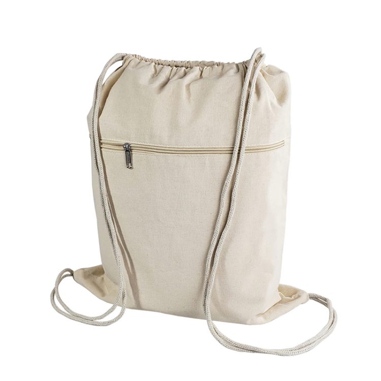 Large Cotton Drawstring Bag Student Sports Canvas Drawstring Backpacks with Zipper Pocket - Image 2