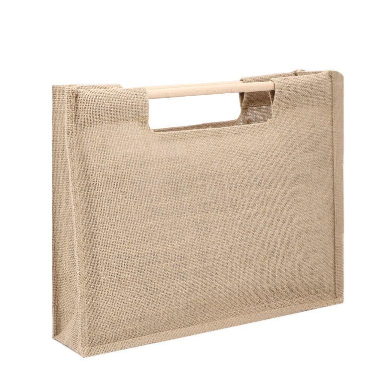 Eco Natural Jute Shopping Bag with Wooden Handle LOGO Customizable Burlap Tote Bag - Image 2