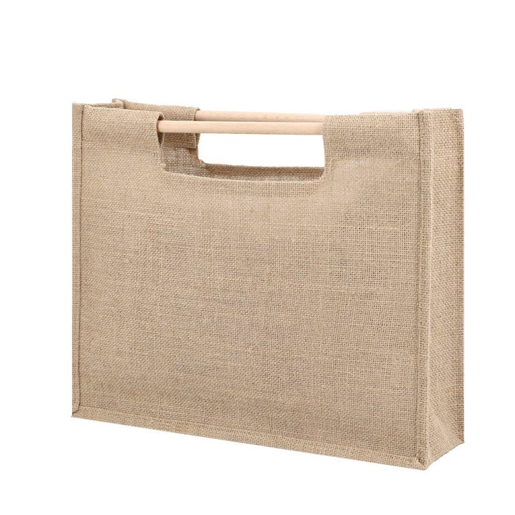 Eco Natural Jute Shopping Bag with Wooden Handle LOGO Customizable Burlap Tote Bag - Image 3