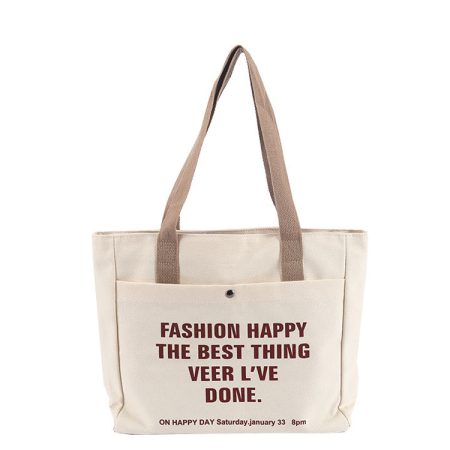 Custom Logo Letter Canvas Shopping Tote Bag With Pocket Zipper Original Large Capacity